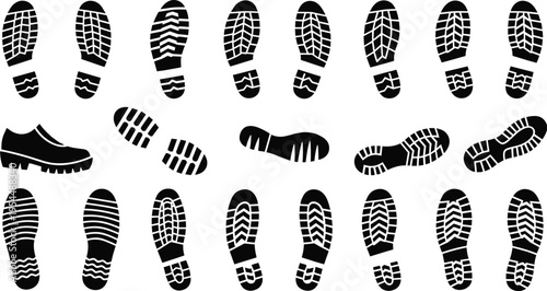 Shoe sole print icon collection, footwear tread vector set, boot sneaker artwork design, forensic pattern illustration graphic, flat vector illustration