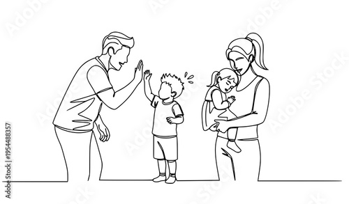 A minimalist line art illustration of a family with a baby and two children