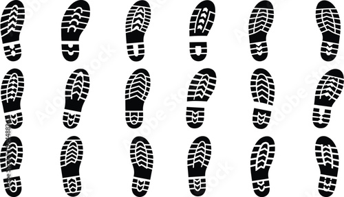 Shoeprint silhouette icon collection, footwear sole vector set, tread pattern artwork design, forensic footprint illustration graphic, flat vector illustration
