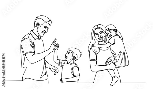 A happy family of four enjoying quality time together in a simple line drawing