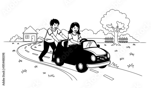 A black and white illustration of a man pushing a car with a woman inside on a suburban road
