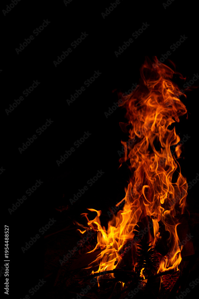 Fototapeta premium Night campfire burning in darkness copy space espacio para texto
