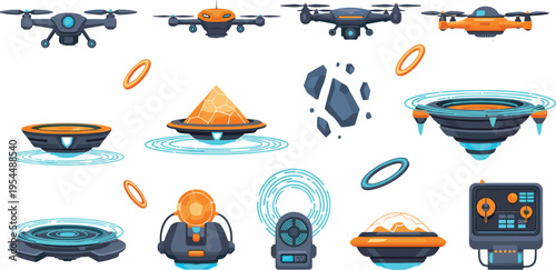 Futuristic drone technology and sci fi floating platform icons with flying drones energy portal levitation base hologram device futuristic tech vector set