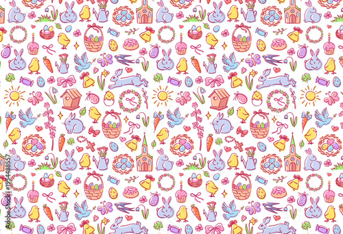 Easter seamless background for holiday. Colorful seamless background with Easter design. Hand drawn vector illustration.