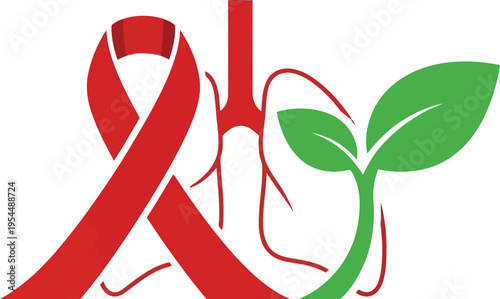 Lung Cancer Awareness Ribbon Concept with Sprouting Leaf and Human Lungs Icon