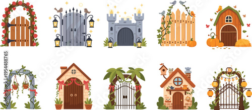 Decorative Enchanted Gate Collection with Garden, Castle, Farmhouse and Floral Entrances Cartoon Vector Set for Fairytale, Outdoor and Creative Designs