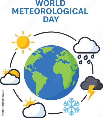 World Meteorological Day Concept with Earth Globe and Weather Icons Illustration
