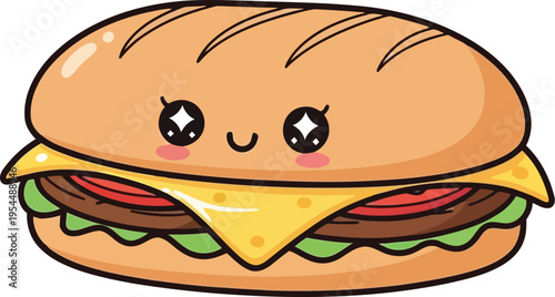Cute Kawaii Submarine Sandwich Cartoon Vector Illustration for Kids Menu