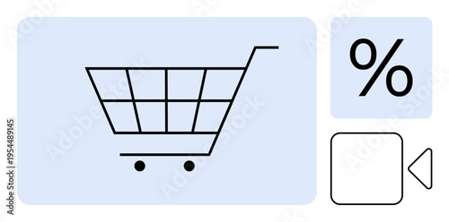 E-commerce, online shopping, retail sales, video marketing, digital promotions, discount marketing. A shopping cart, percentage symbol and video icon on a soft background. E-commerce and online