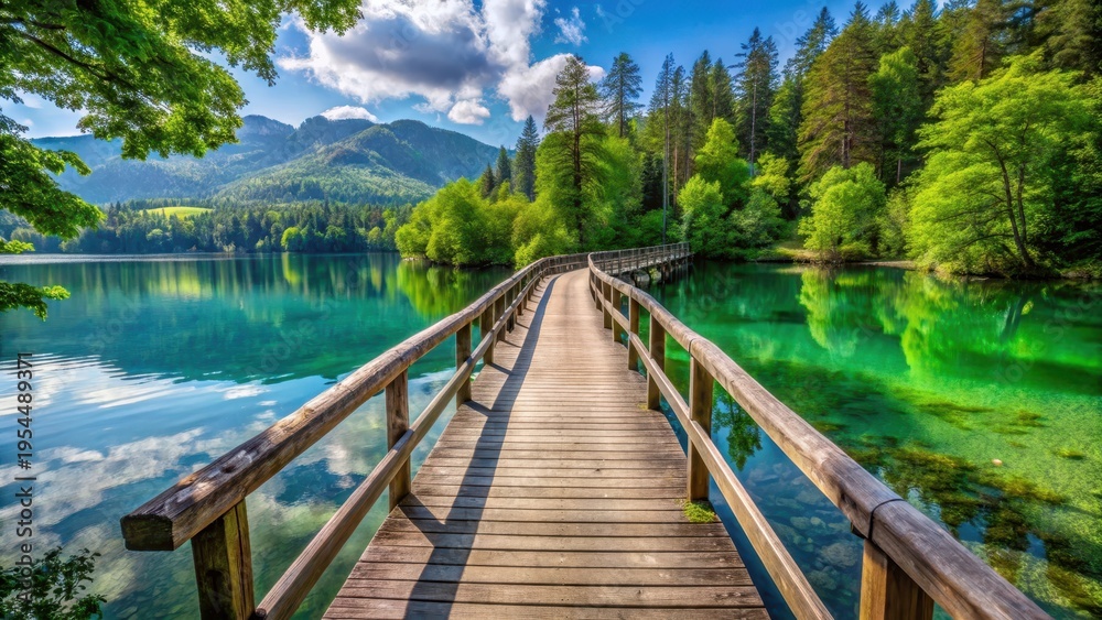Fototapeta premium Serene wooden bridge spanning crystal clear Fuschlsee lake, surrounded by lush greenery and towering trees, crystal clear water, wooden bridge