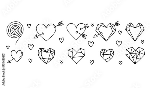 Decorative heart border doodle set with romantic love symbols line art vector isolated on white background