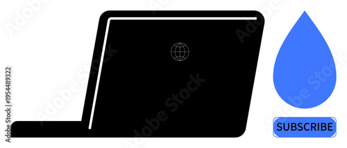 Digital marketing, online subscriptions, web design, content creation, technology, e-commerce. Laptop with globe icon and blue droplet labeled subscribe. Digital marketing and online subscriptions