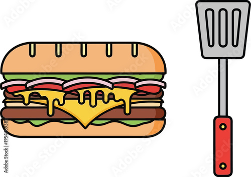 Fresh Cheeseburger Sandwich and Metal Kitchen Spatula Vector Icon Illustration