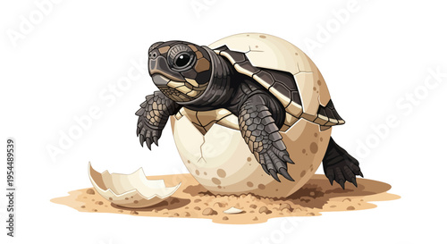 A baby turtle emerges from its cracked egg on a sandy surface, symbolizing new beginnings and the cycle of life