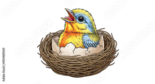 A vibrant, colorful baby bird emerges from a cracked eggshell within a cozy nest, symbolizing new life, growth, and the delicate beauty of nature's beginnings