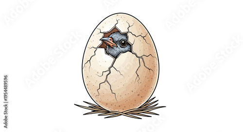 A baby bird peeking out of a cracked egg in a nest, symbolizing new beginnings and hatching