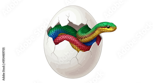 The fascinating moment a colorful serpentine creature hatches from a broken egg, representing new life, growth, and the intriguing start of an exotic journey
