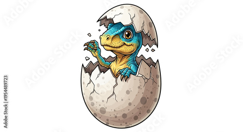 Adorable newborn dinosaur chick peeking out of its cracked eggshell, symbolizing new beginnings and the joy of discovery