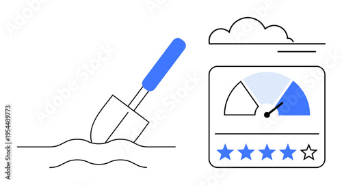 Progress concept with a shovel breaking ground and a rating gauge measuring success. Progress in development, performance, and achievement. Ideal for productivity, growth , data analysis