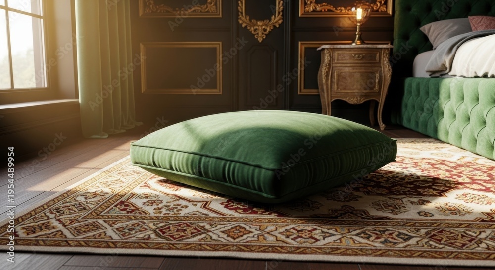 Fototapeta premium Plush Emerald Green Velvet Floor Cushion Resting on an Ornate Rug in a Dimly Lit Luxurious Interior