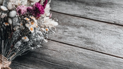 Bouquet of dried wildflowers rests upon weathered wooden planks with ample copy space.