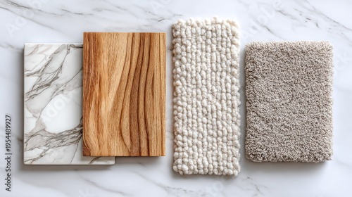Interior design material samples including stone wood and textured fabric swatches displayed on a bright surface