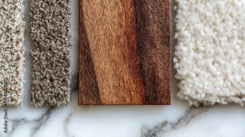 Assortment of material swatches displaying varied textures and natural wood grain sit upon a polished stone surface