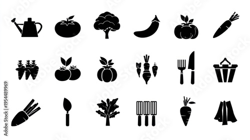 Assorted silhouettes of gardening tools and various produce items are arranged in a grid pattern