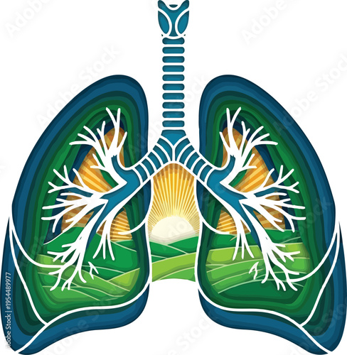 Healthy Lungs Concept with Nature Landscape and Sunrise Illustration