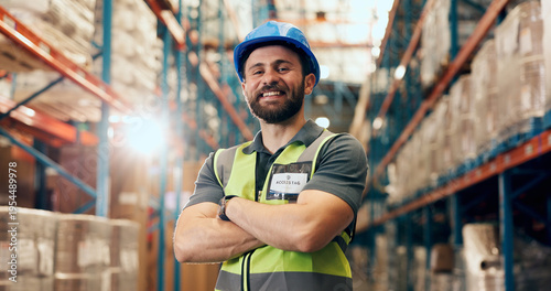 Businessman, portrait and logistics with confidence in warehouse for storage or shipping service. Happy, male person or distributor with flare or arms crossed for supply chain or freight in depot