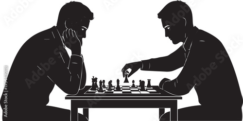 Two men playing intense game of chess on wooden table silhouette vector illustration isolated on transparent background backdrop