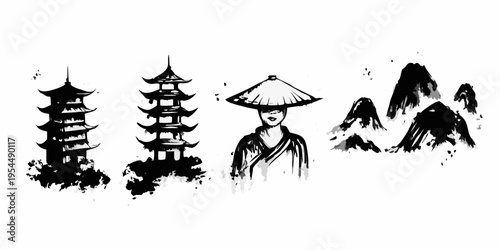 East asian inspired ink wash painting featuring pagodas and a woman