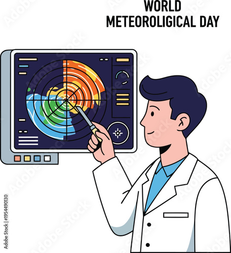 World Meteorological Day Illustration with Meteorologist Analyzing Weather Radar Data