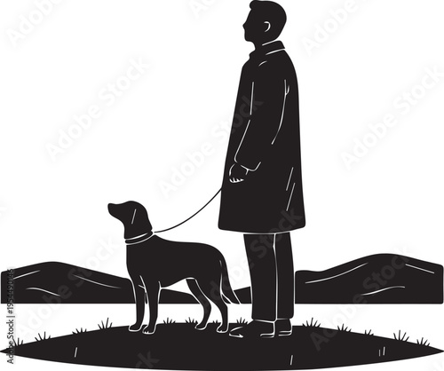 Man in long coat walking his dog on leash in mountain landscape silhouette representing outdoor activity and pet companionship
