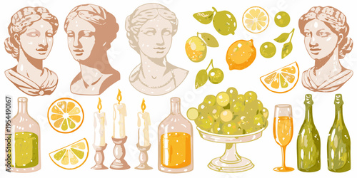 Classical busts citrus fruits and glassware in a decorative arrangement