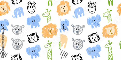 Playful pattern of hand drawn animals including lions zebras and giraffes