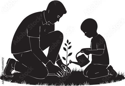 Father and son planting tree together, nurturing growth and teaching importance of nature conservation