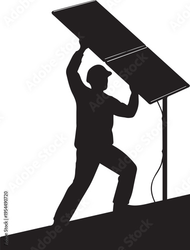 Solar panel technician installing renewable energy system line art vector silhouette illustration