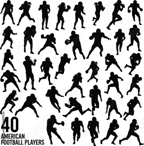 Collection of 40 American football player silhouettes in dynamic action poses including running, throwing, catching, and tackling, symbolizing sports, teamwork, and athletic design.