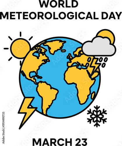 World Meteorological Day March 23 Concept with Earth Globe and Weather Icons Illustration