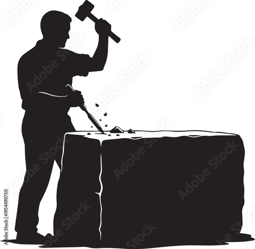 Stone mason chiseling large rock with hammer crafting sculpture vector silhouette