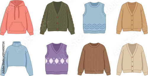 Collection of Eight Stylish Sweaters and Knitwear Featuring Hoodies, Cardigans, Vests, Turtlenecks, and Crewnecks, Perfect for Winter Fashion, Clothing Retail, and Seasonal Wardrobe Design