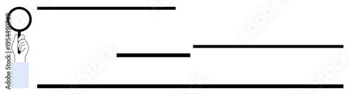 Search, focus, inspection, inquiry, data analysis, investigation. Hand holding magnifying glass with horizontal lines. Search and focus with clean, minimal design