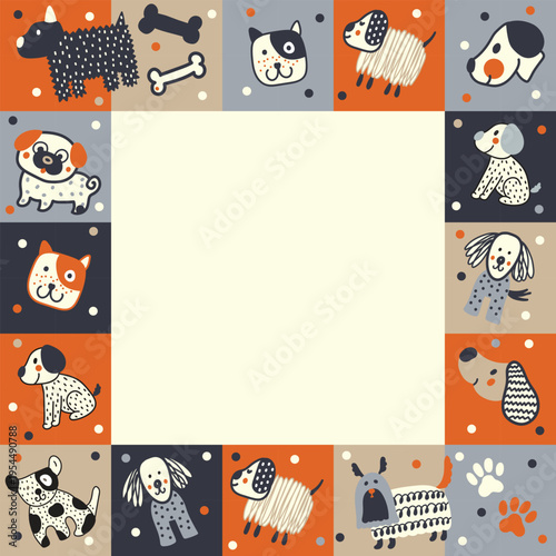 Cute funny different dog, puppy frame.Hand drawn color vector illustration. 
