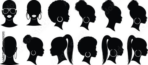 Collection of twelve silhouette profiles with diverse hairstyles and hoop earrings, symbolizing cultural fashion, beauty, and individuality in design for stock use.