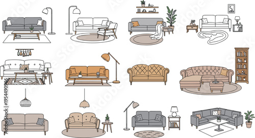 Living Room Sofa and Furniture Collection with Modern, Classic, and Cozy Couch Designs, Lamps, Rugs, and Interior Decorations Cartoon Vector Set