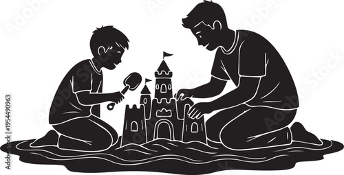 Father and son building sandcastle on beach, enjoying creative outdoor activity and family holiday