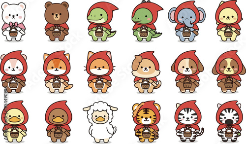 Cute Cartoon Animals Wearing Red Riding Hood Capes with Baskets, Featuring Bear, Dog, Cat, Elephant, Dinosaur, and More in Whimsical Chibi Style Artwork