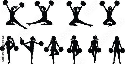 Energetic black silhouette collection of cheerleaders with pom-poms in dynamic poses, showcasing athletic movement, team spirit, and performance inspiration for sports and dance design projects