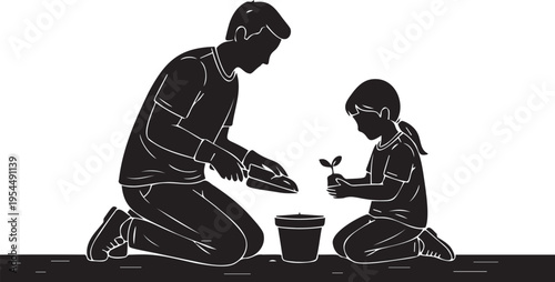 Father and daughter planting flower in pot illustration silhouette
